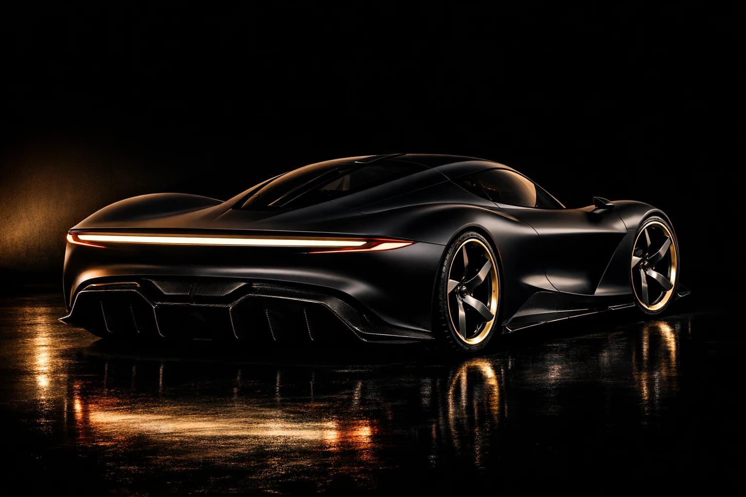 Rear three-quarter of the Nocturne One: full-width light bar burning across the tail above an integrated carbon diffuser