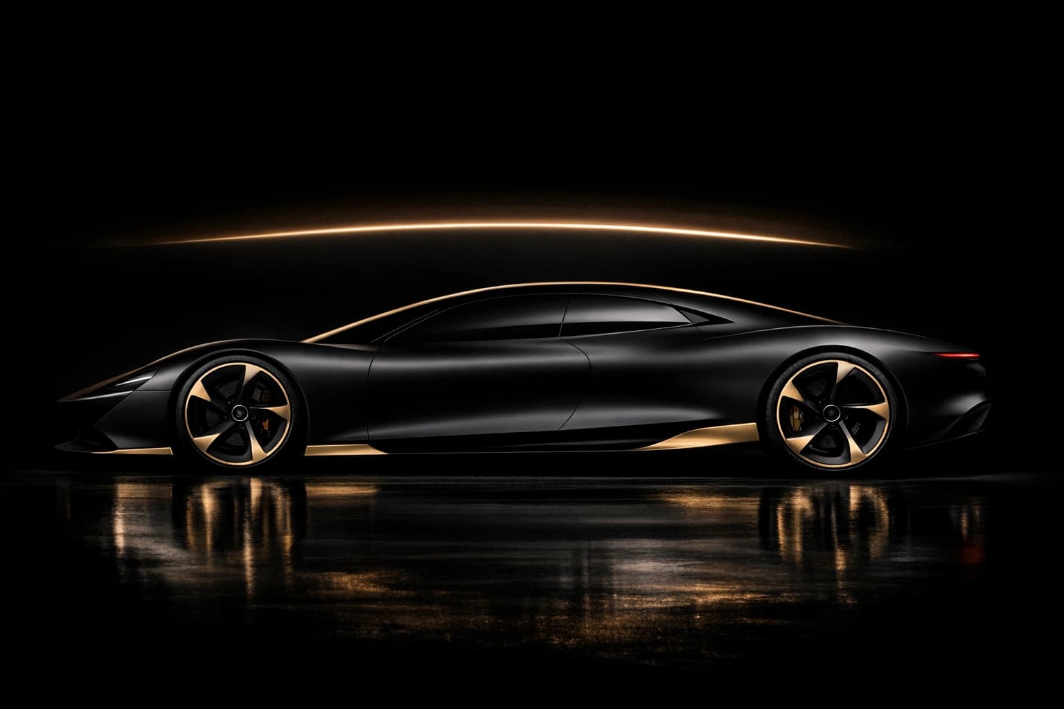 Side profile of the Nocturne One: cab-forward teardrop silhouette lit by a single champagne arc, gold sill blade and turbine wheels