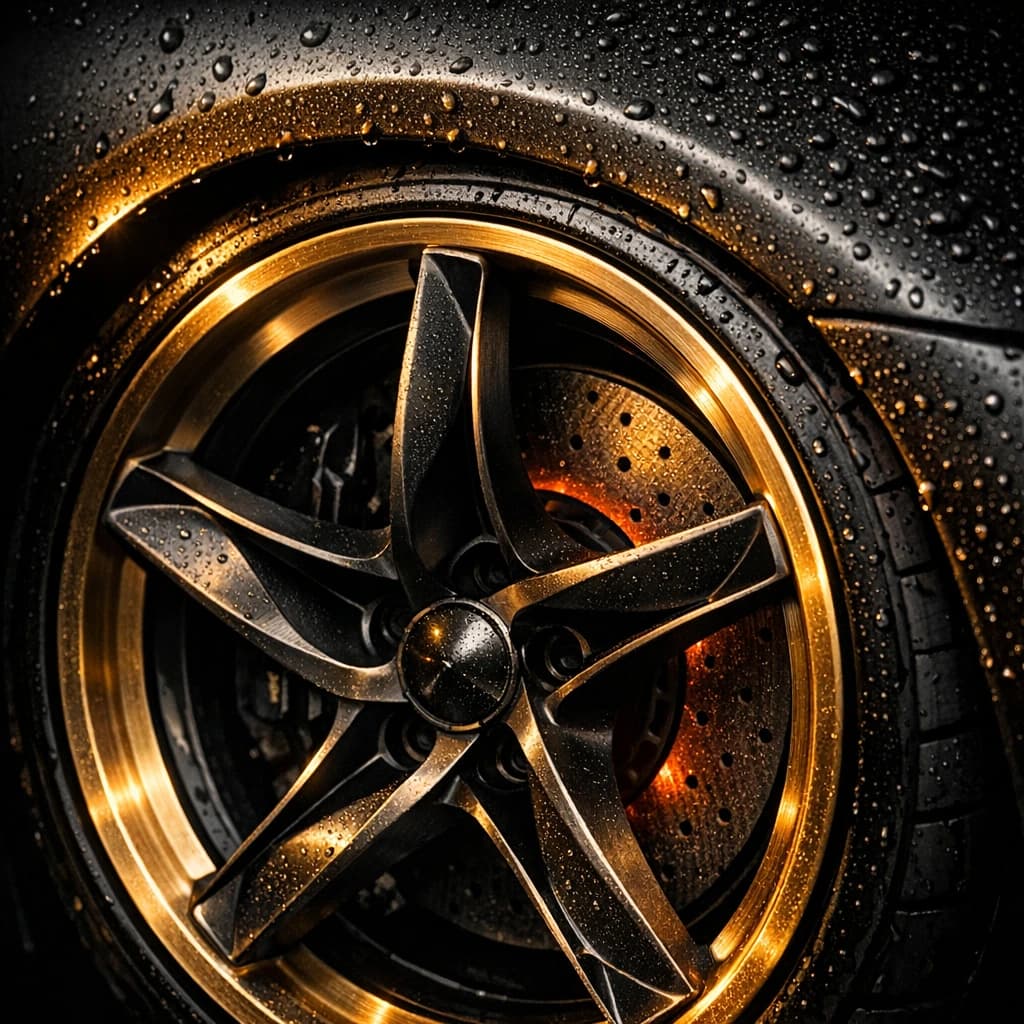 Close-up of a five-spoke turbine wheel on the Nocturne One: brushed champagne rim lip, glowing brake disc, rain beading on the tyre