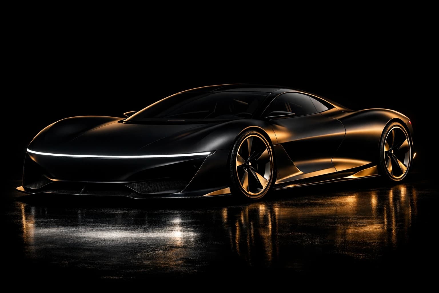 The Nocturne One in three-quarter view: matte obsidian bodywork, the full-width light blade lit across the nose, carbon splitter and champagne-lipped turbine wheels on a wet studio floor