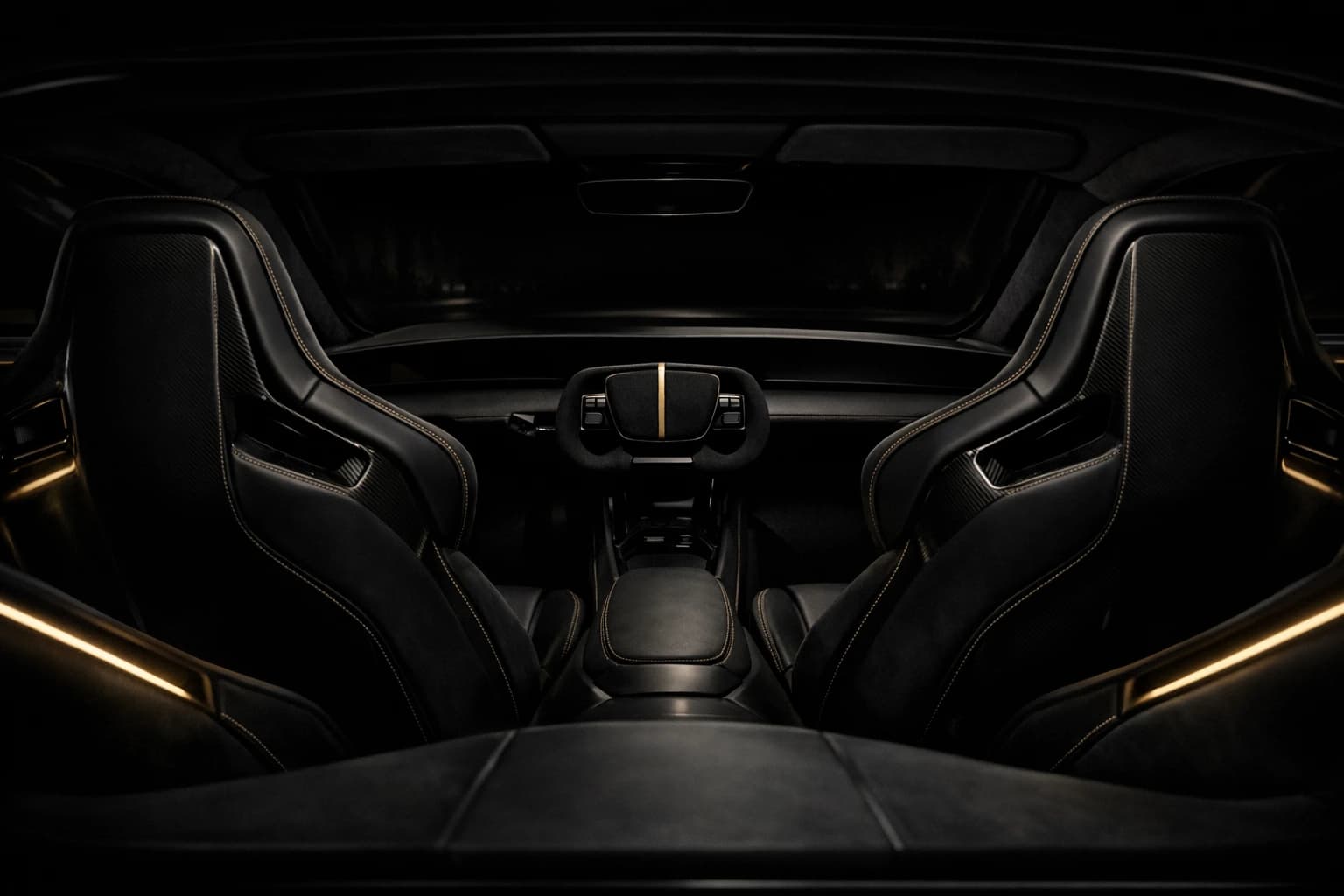 Inside the Nocturne One: two carbon-shelled seats in black hide, champagne stitching and a gold spine down the wheel, lit by a thin gold sill line