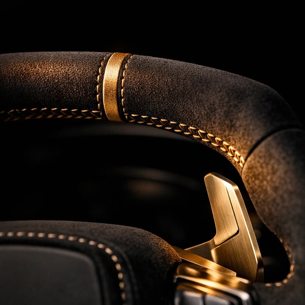 Close detail of the Nocturne One steering wheel: suede rim, a braided champagne stitch row and a solid brushed-gold shift paddle