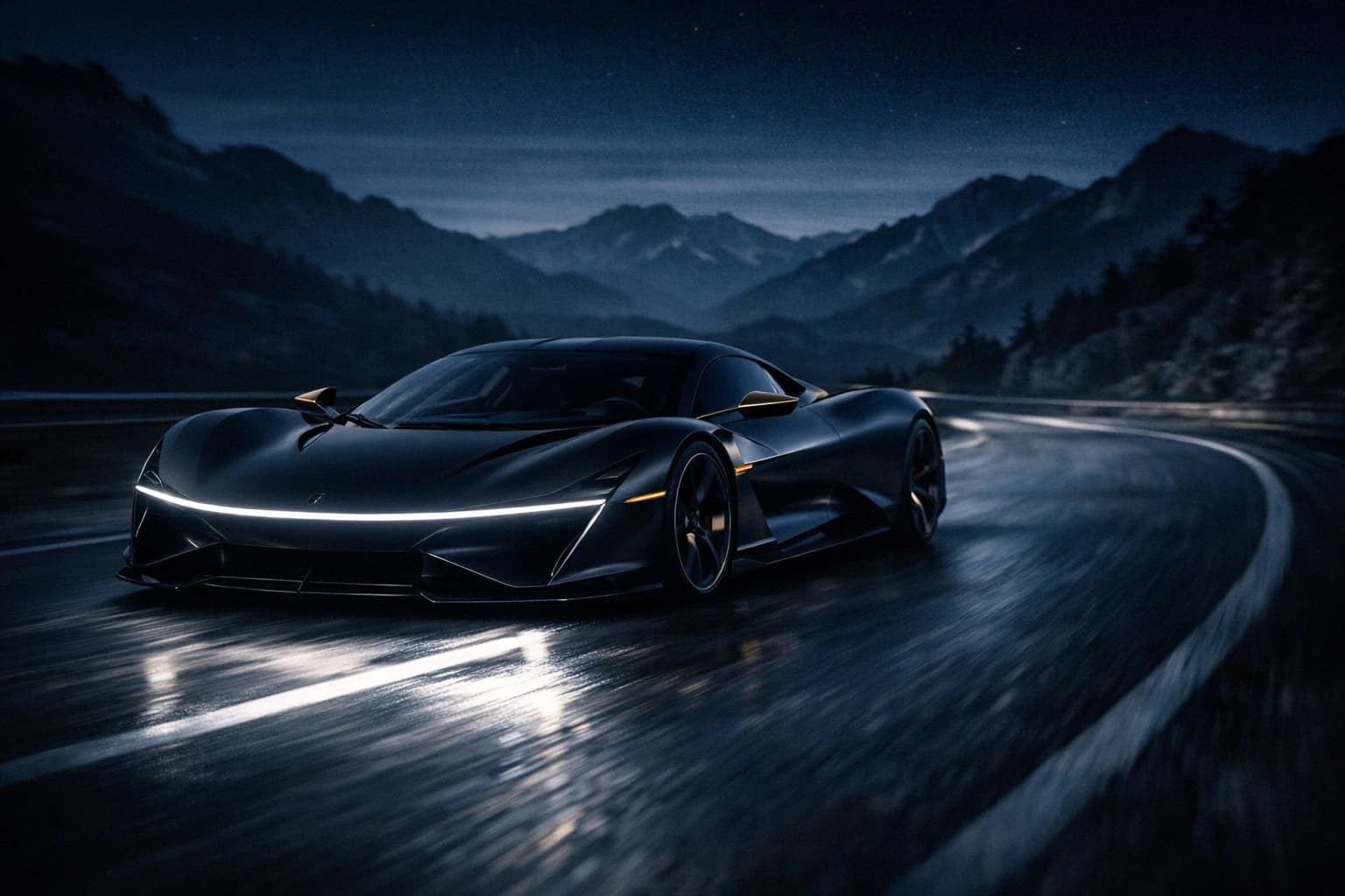 The Nocturne One running a wet mountain pass at night, light blade lit across the nose, headlight wash raking the road